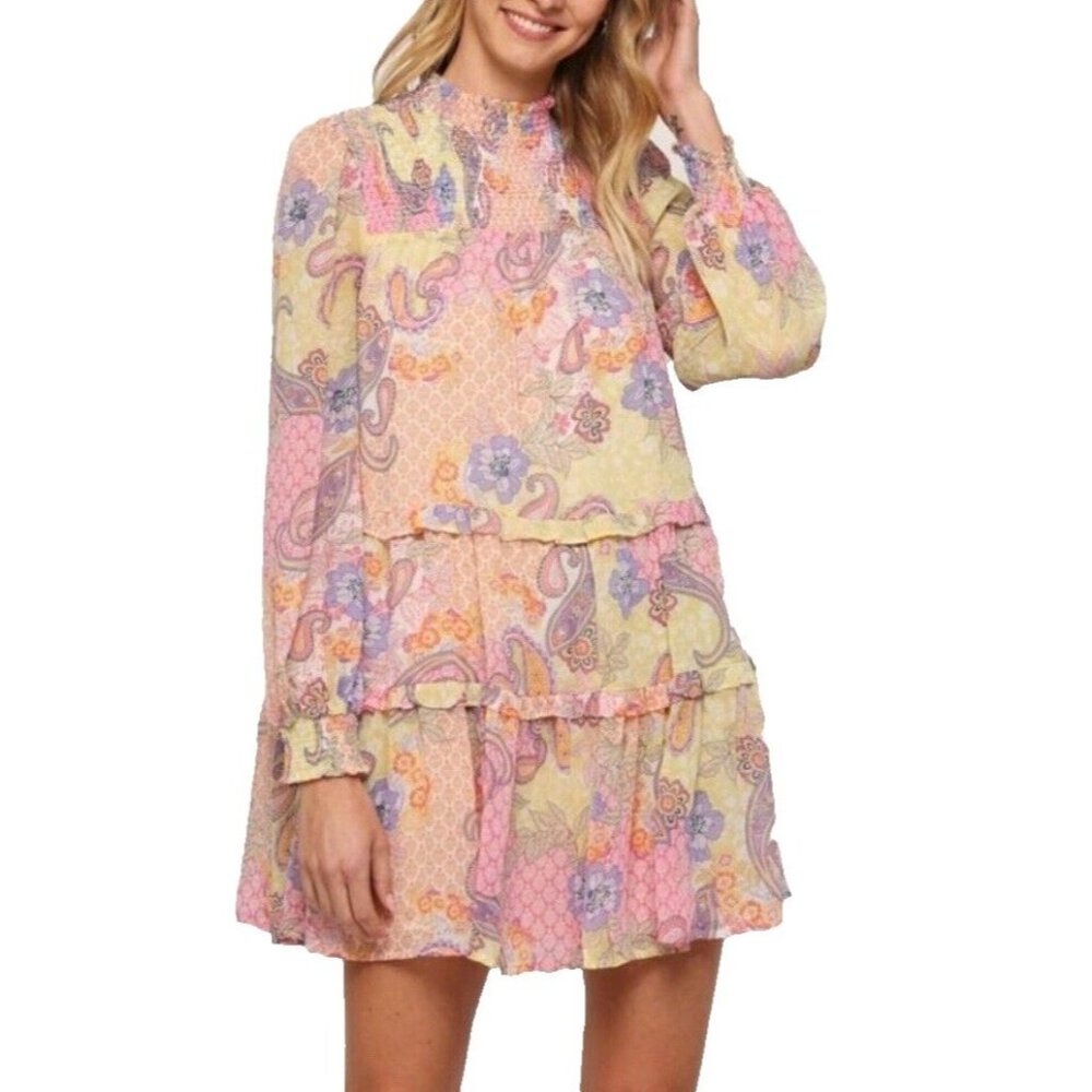 Anthropologie Fate Women's Paisley Colorful Flowy Long Sleeve Mini Dress Size S